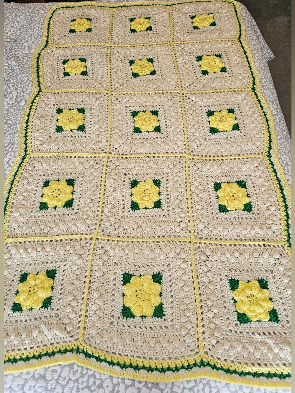 Handmade Crochet Floral Throw Blanket - Yellow & Cream
